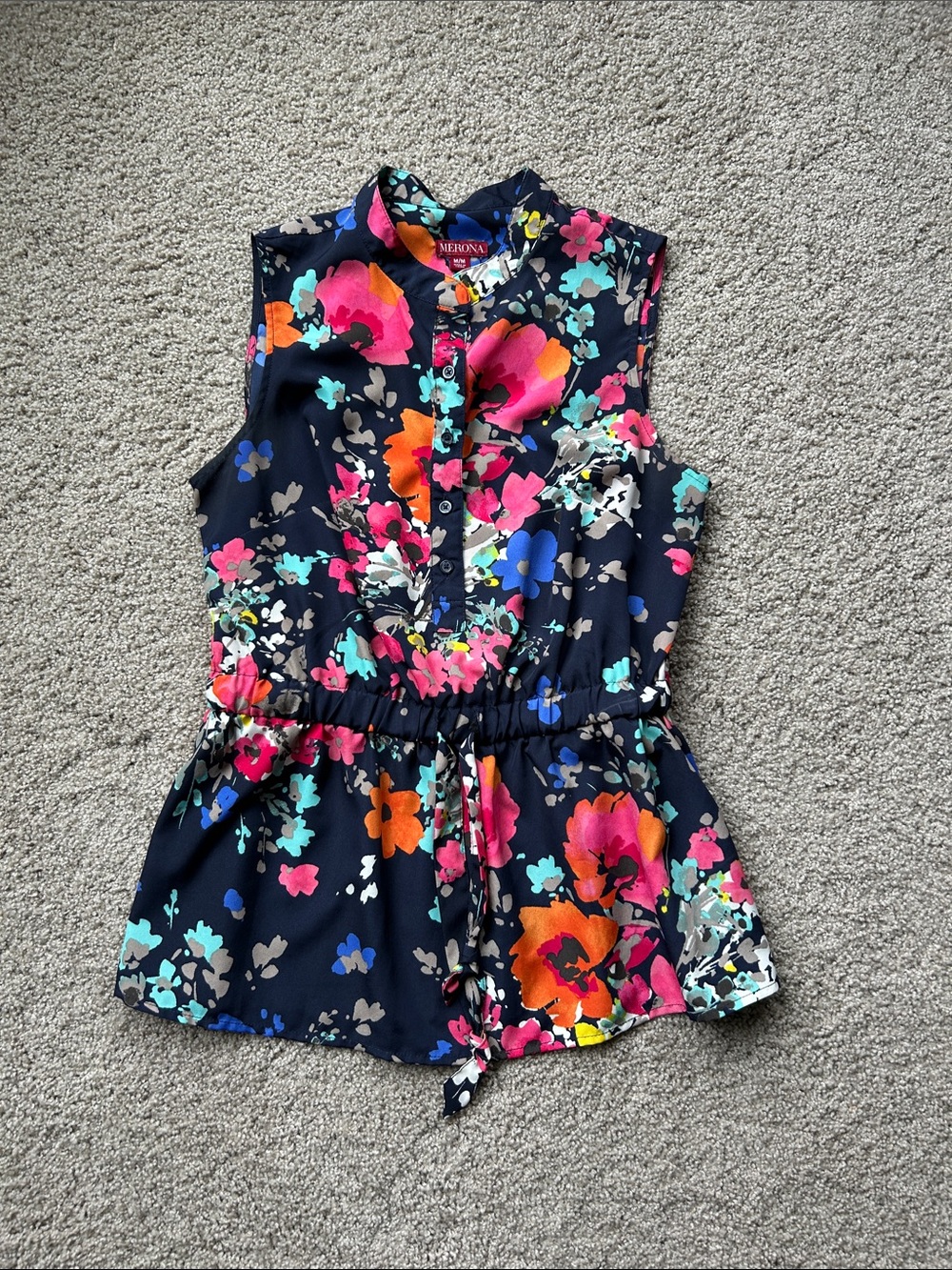 Merona Navy Floral Sleeveless Peplum Top with Pink Orange Blue Accents